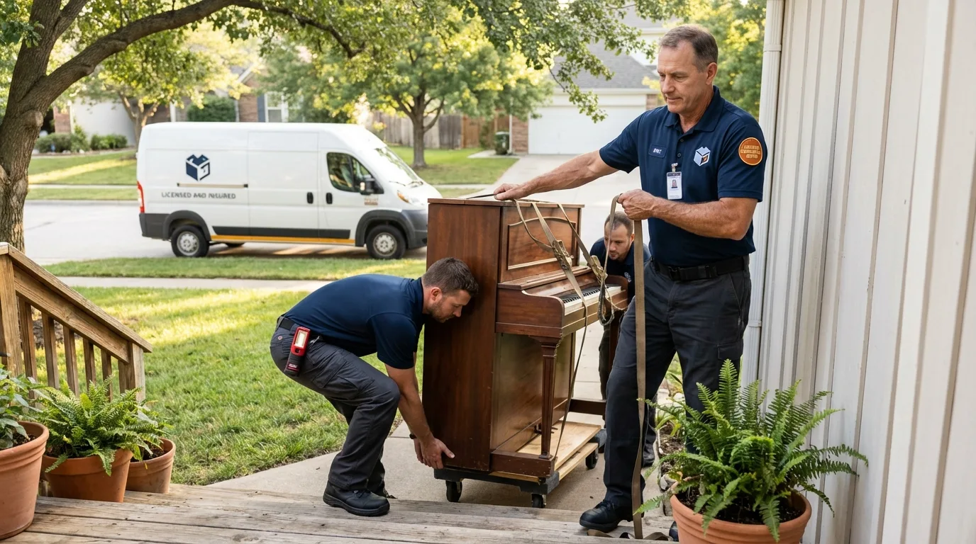 Licensed piano movers securing grand piano in Plover, WI